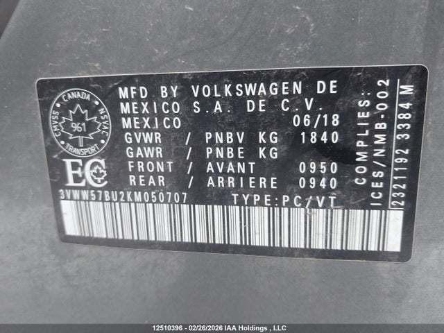 3VWW57BU2KM050707 Volkswagen Jetta 1.4 Tsi Highline