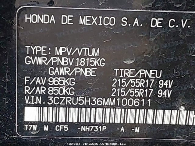 3CZRU5H36MM100611 Honda HR-V LX