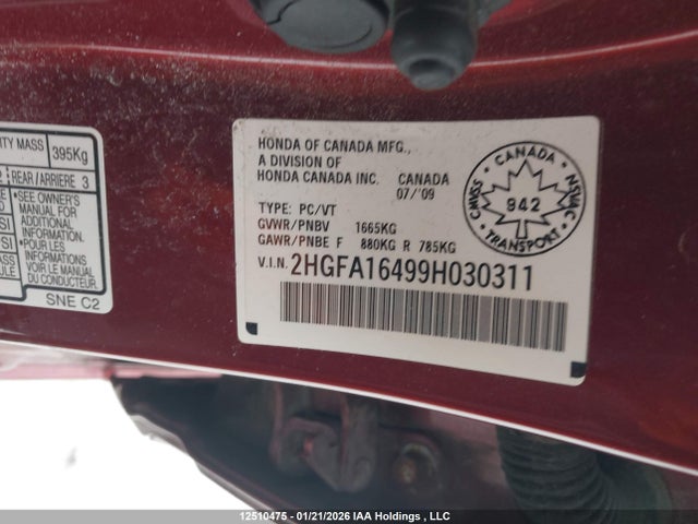 Aukcja sprzedaży 2009 Honda Civic Dx-g, vin: 2HGFA16499H030311, numer aukcji: 12510475