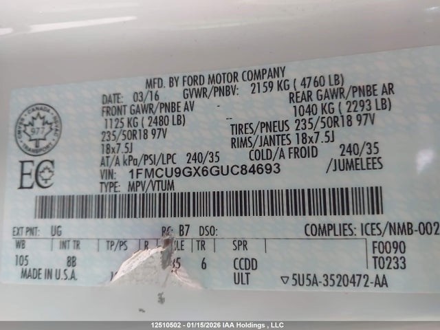 1FMCU9GX6GUC84693 Ford ESCAPE SE