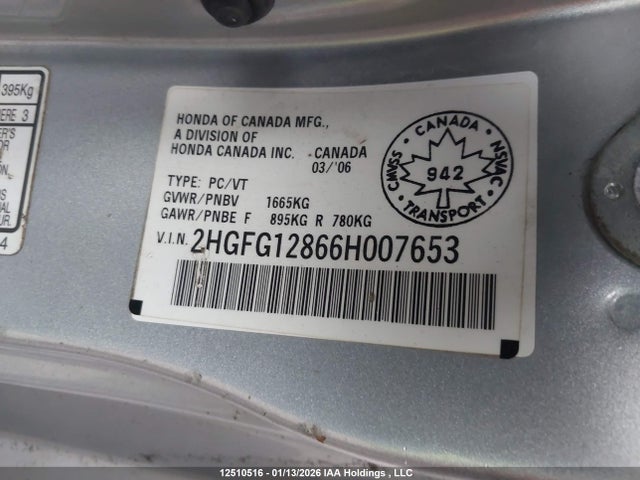 Продажа на аукционе авто 2006 Honda Civic Ex, vin: 2HGFG12866H007653, номер лота: 12510516