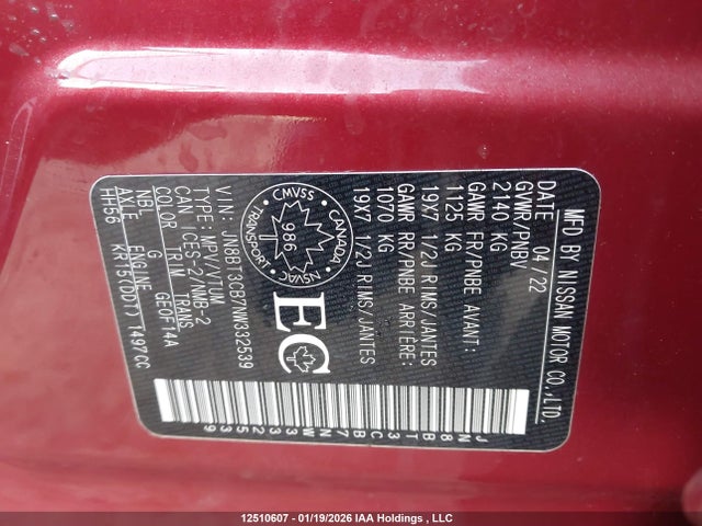 JN8BT3CB7NW332539 Nissan Rogue Sl