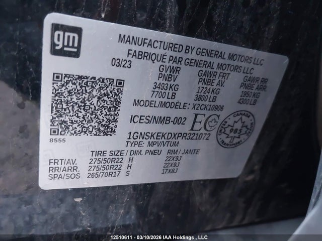 2023 Chevrolet Suburban Rst მანქანა იყიდება აუქციონზე, vin: 1GNSKEKDXPR321072, აუქციონის ნომერი: 12510611