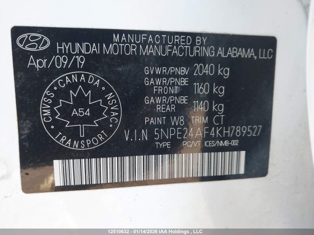 5NPE24AF4KH789527 Hyundai SONATA SE