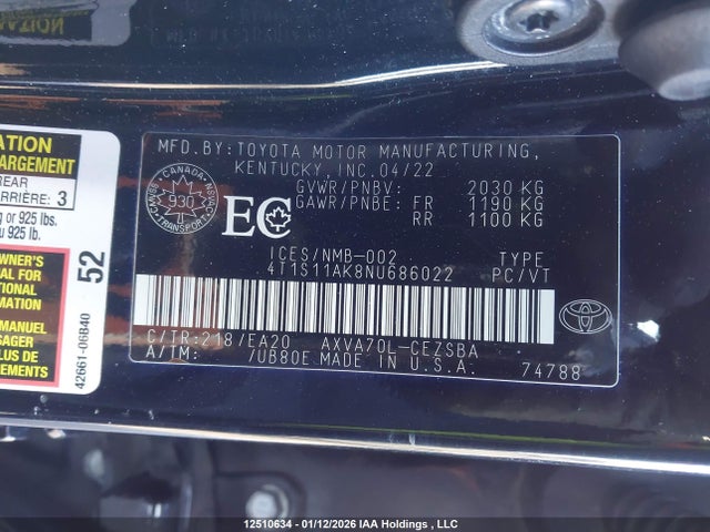 4T1S11AK8NU686022 Toyota CAMRY SE