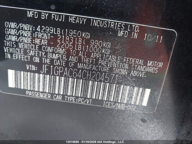 12510650 :رقم المزاد ، JF1GPAC64CH204571 vin ، 2012 Subaru Impreza 2.0i Touring Package مزاد بيع