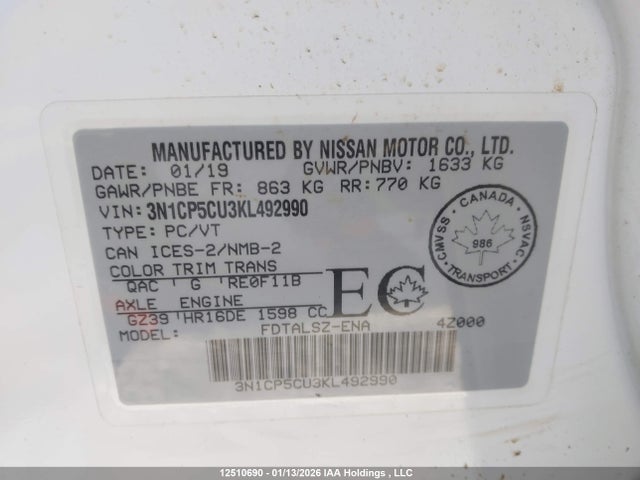 3N1CP5CU3KL492990 Nissan Kicks S/sr/sv