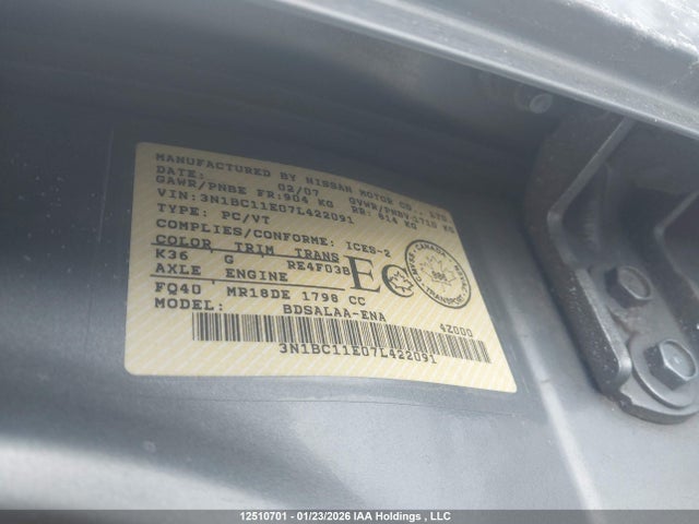 Продажа на аукционе авто 2007 Nissan Versa 1.8s, vin: 3N1BC11E07L422091, номер лота: 12510701