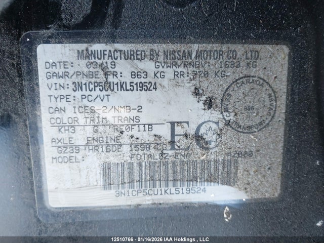 3N1CP5CU1KL519524 Nissan Kicks S/sr/sv