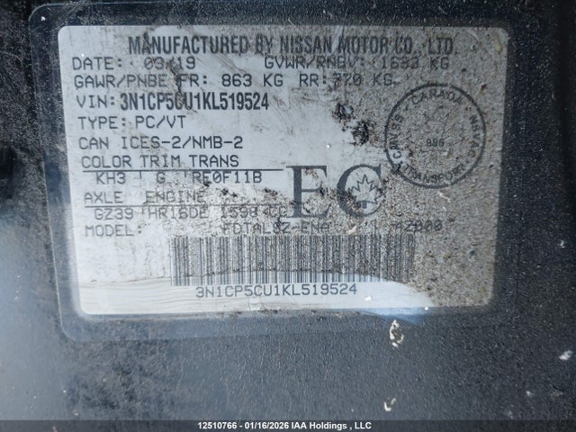 3N1CP5CU1KL519524 Nissan Kicks S/sr/sv