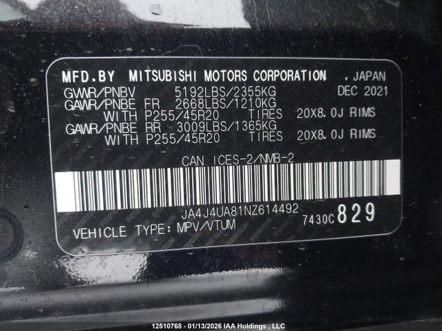 JA4J4UA81NZ614492 Mitsubishi Outlander Le/le Premium/se/sel