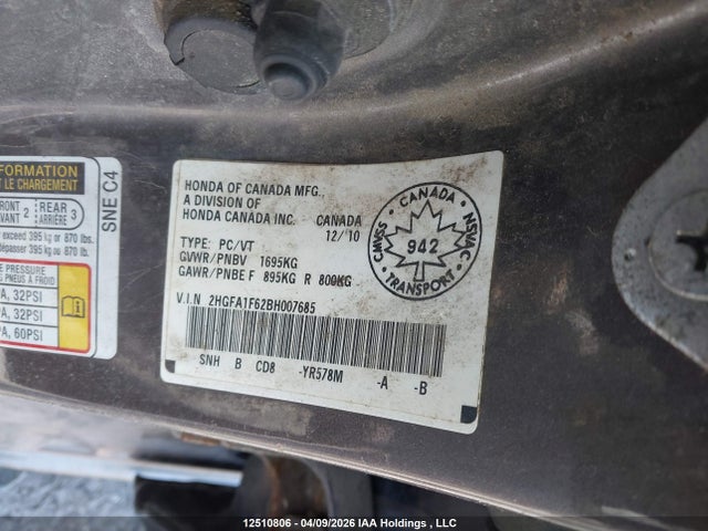 2011 Honda Civic Lx-s მანქანა იყიდება აუქციონზე, vin: 2HGFA1F62BH007685, აუქციონის ნომერი: 12510806