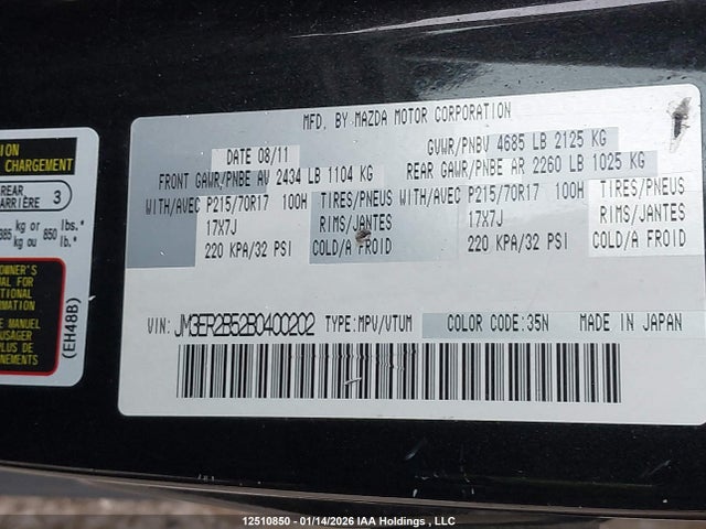 Aukcja sprzedaży 2011 Mazda Cx-7, vin: JM3ER2B52B0400202, numer aukcji: 12510850