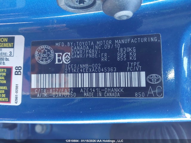 Продажа на аукционе авто 2010 Toyota Matrix Xr, vin: 2T1KE4EEXAC045363, номер лота: 12510884