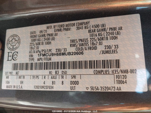 1FMCU9H68MUB20606 Ford ESCAPE SEL