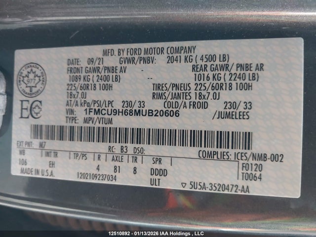 1FMCU9H68MUB20606 Ford ESCAPE SEL