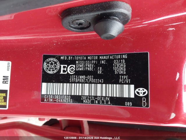 12510906 :رقم المزاد ، 5YFBPRBE7LP002243 vin ، 2020 Toyota Corolla Le مزاد بيع