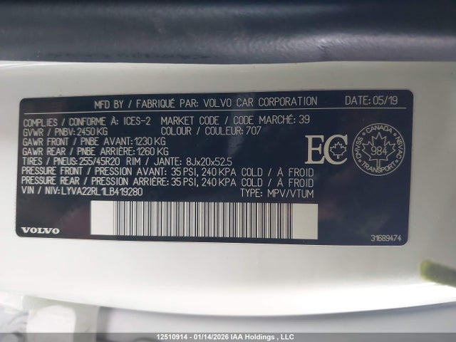 LYVA22RL1LB419280 Volvo Xc60 T6 Inscription