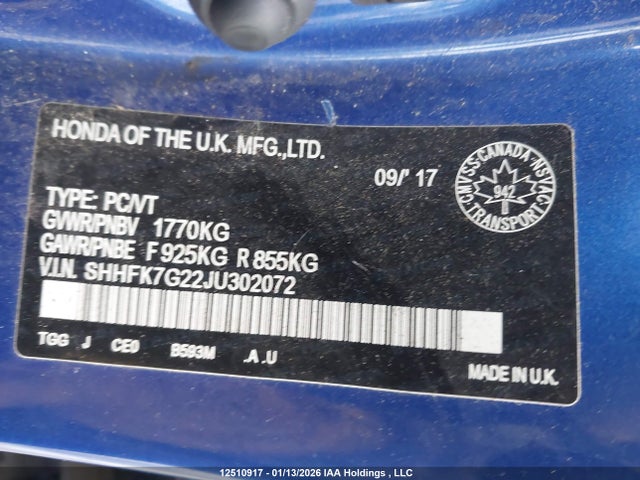 SHHFK7G22JU302072 Honda Civic Lx