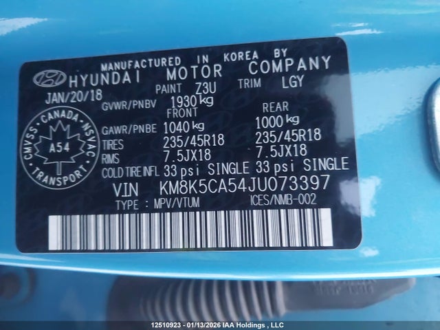 Продажа на аукционе авто 2018 Hyundai Kona 1.6t Ultimate, vin: KM8K5CA54JU073397, номер лота: 12510923