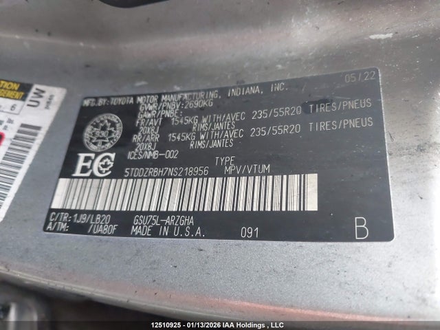 5TDDZRBH7NS218956 Toyota Highlander Limited