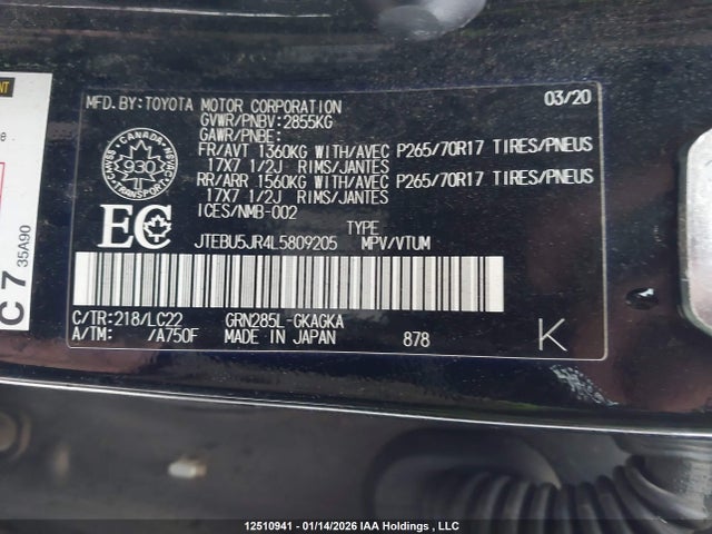 12510941 :رقم المزاد ، JTEBU5JR4L5809205 vin ، 2020 Toyota 4runner مزاد بيع