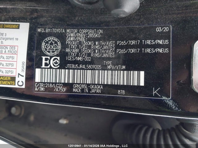 12510941 :رقم المزاد ، JTEBU5JR4L5809205 vin ، 2020 Toyota 4runner مزاد بيع