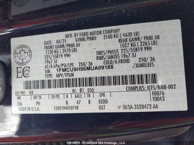 1FMCU9H96MUA09188 Ford ESCAPE SEL