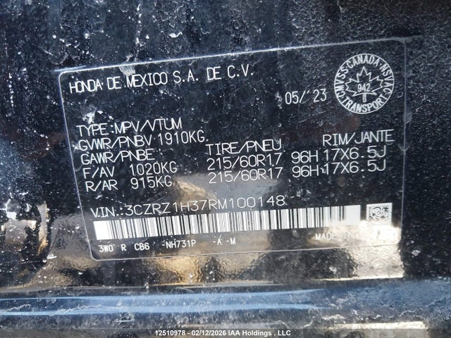 3CZRZ1H37RM100148 Honda HR-V LX