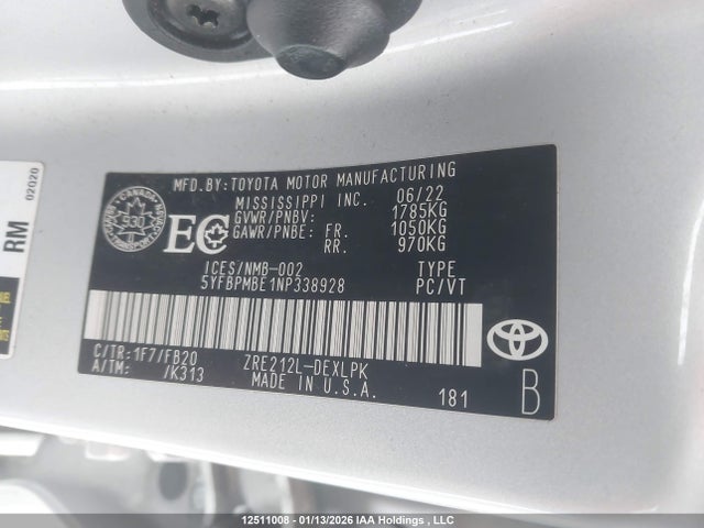 5YFBPMBE1NP338928 Toyota COROLLA LE