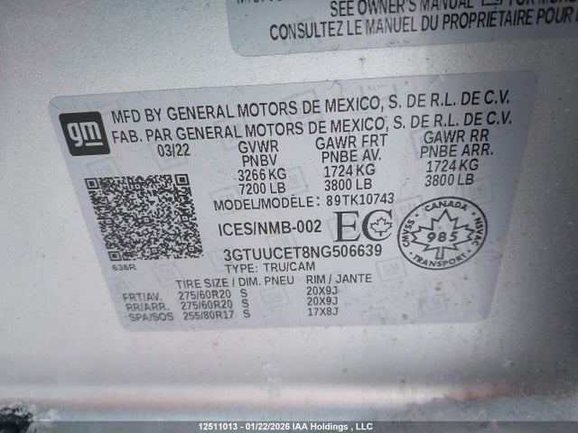 3GTUUCET8NG506639 GMC Sierra 1500 Elevation