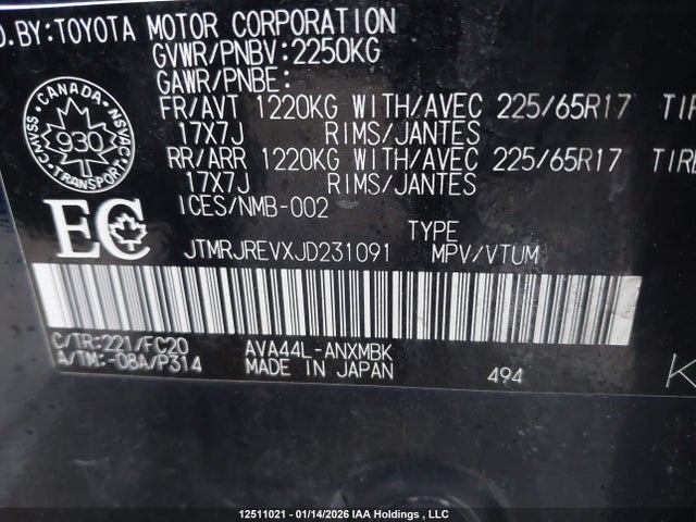 JTMRJREVXJD231091 Toyota Rav4 Hv Le Plus/xle
