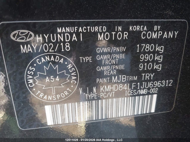 KMHD84LF1JU696312 Hyundai Elantra Sel/value/limited