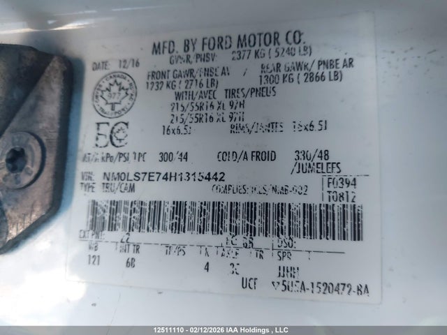 12511110 :رقم المزاد ، NM0LS7E74H1315442 vin ، 2017 Ford Transit Connect مزاد بيع