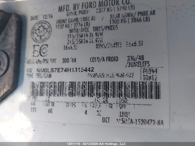 12511110 :رقم المزاد ، NM0LS7E74H1315442 vin ، 2017 Ford Transit Connect مزاد بيع