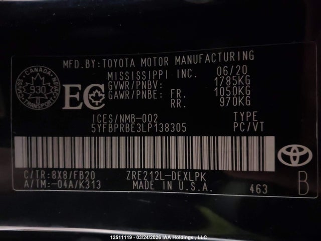 Aukcja sprzedaży 2020 Toyota Corolla Le, vin: 5YFBPRBE3LP138305, numer aukcji: 12511119