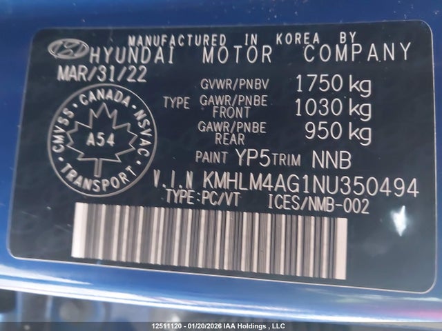 KMHLM4AG1NU350494 Hyundai Elantra Preferred Ivt With Sun And Tech Package