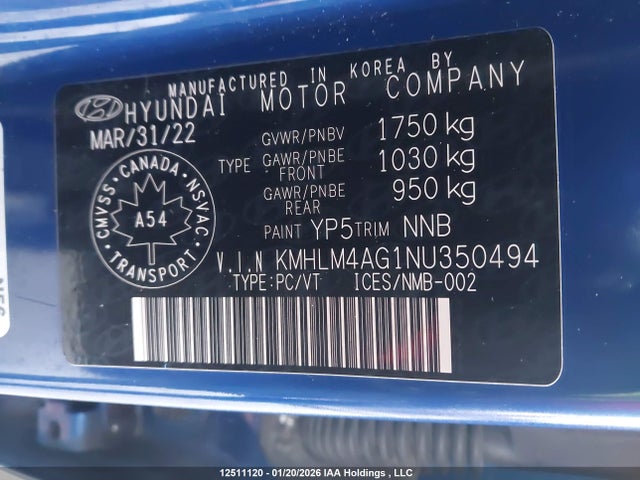 KMHLM4AG1NU350494 Hyundai Elantra Preferred Ivt With Sun And Tech Package