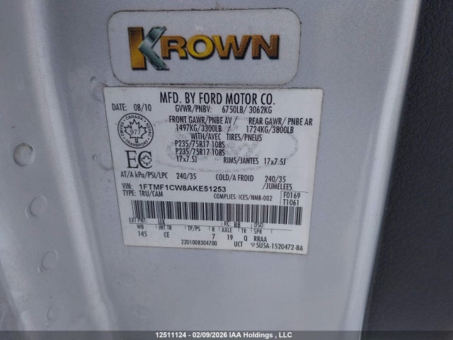 Продаж на аукціоні авто 2010 Ford F150, vin: 1FTMF1CW8AKE51253, номер лоту: 12511124