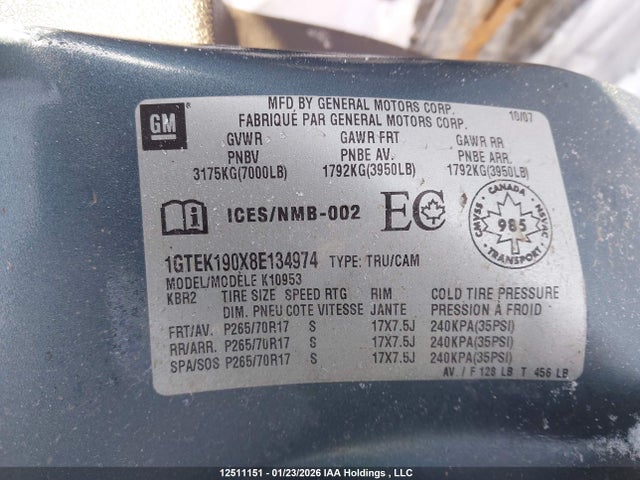Aukcja sprzedaży 2008 Gmc Sierra K1500, vin: 1GTEK190X8E134974, numer aukcji: 12511151