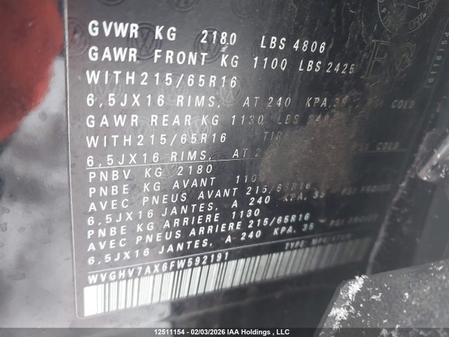 WVGHV7AX6FW592191 Volkswagen Tiguan Comfortline/trendline
