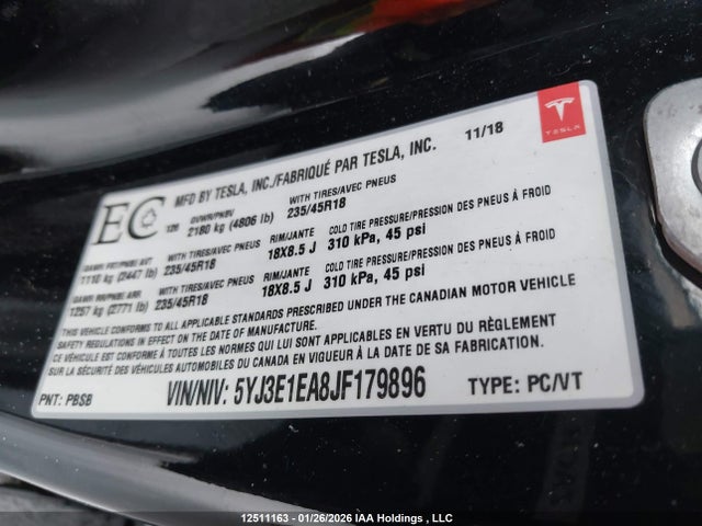 Продаж на аукціоні авто 2018 Tesla Model 3 Long Range/mid Range, vin: 5YJ3E1EA8JF179896, номер лоту: 12511163