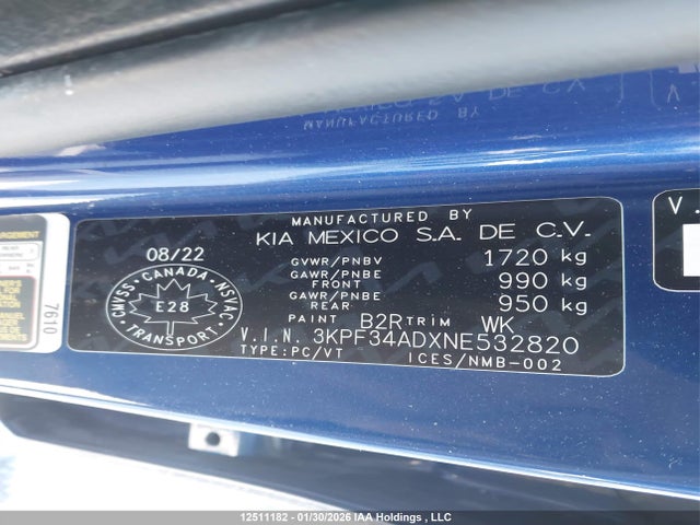 3KPF34ADXNE532820 KIA Forte Ex/ex Premium/ex+/gt-line