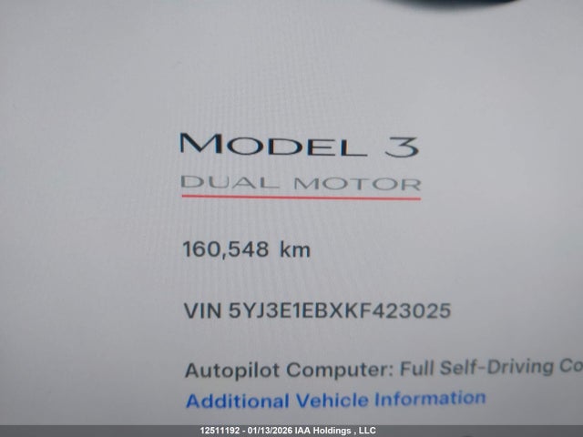 5YJ3E1EBXKF423025 Tesla MODEL 3