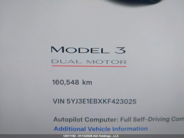 5YJ3E1EBXKF423025 Tesla MODEL 3