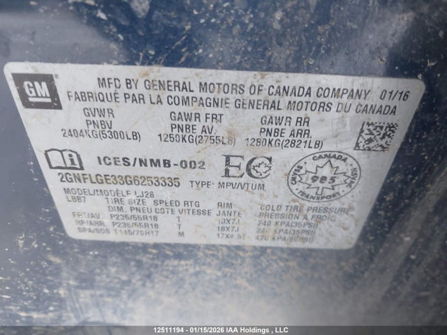 Aukcja sprzedaży 2016 Chevrolet Equinox Ltz, vin: 2GNFLGE33G6253335, numer aukcji: 12511194