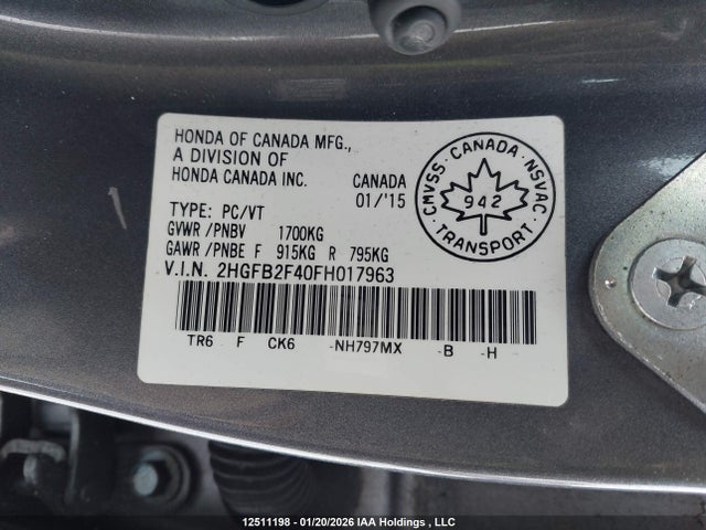 2015 Honda Civic Lx მანქანა იყიდება აუქციონზე, vin: 2HGFB2F40FH017963, აუქციონის ნომერი: 12511198