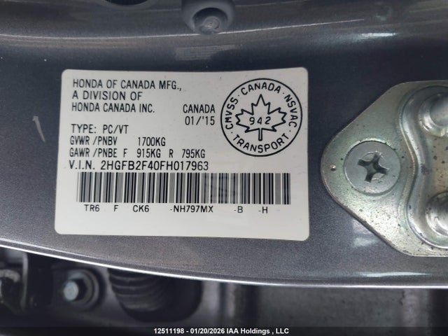 2015 Honda Civic Lx მანქანა იყიდება აუქციონზე, vin: 2HGFB2F40FH017963, აუქციონის ნომერი: 12511198