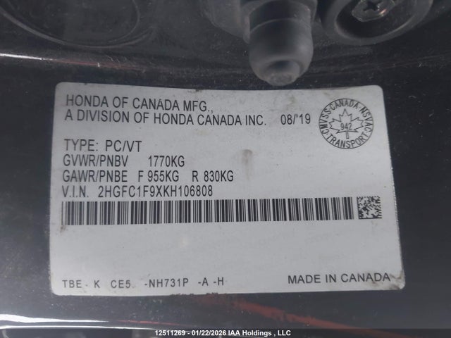 2HGFC1F9XKH106808 Honda Civic