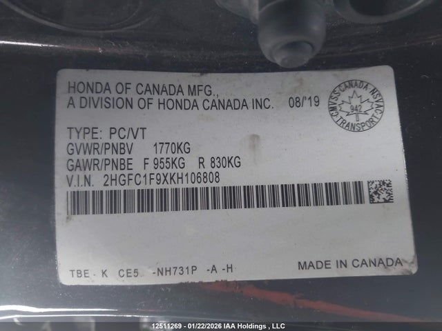 2HGFC1F9XKH106808 Honda Civic